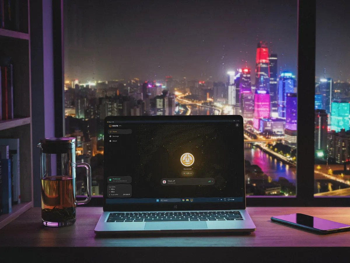Rayn VPN connected on a laptop at a desk by an apartment window at night, with city lights outside